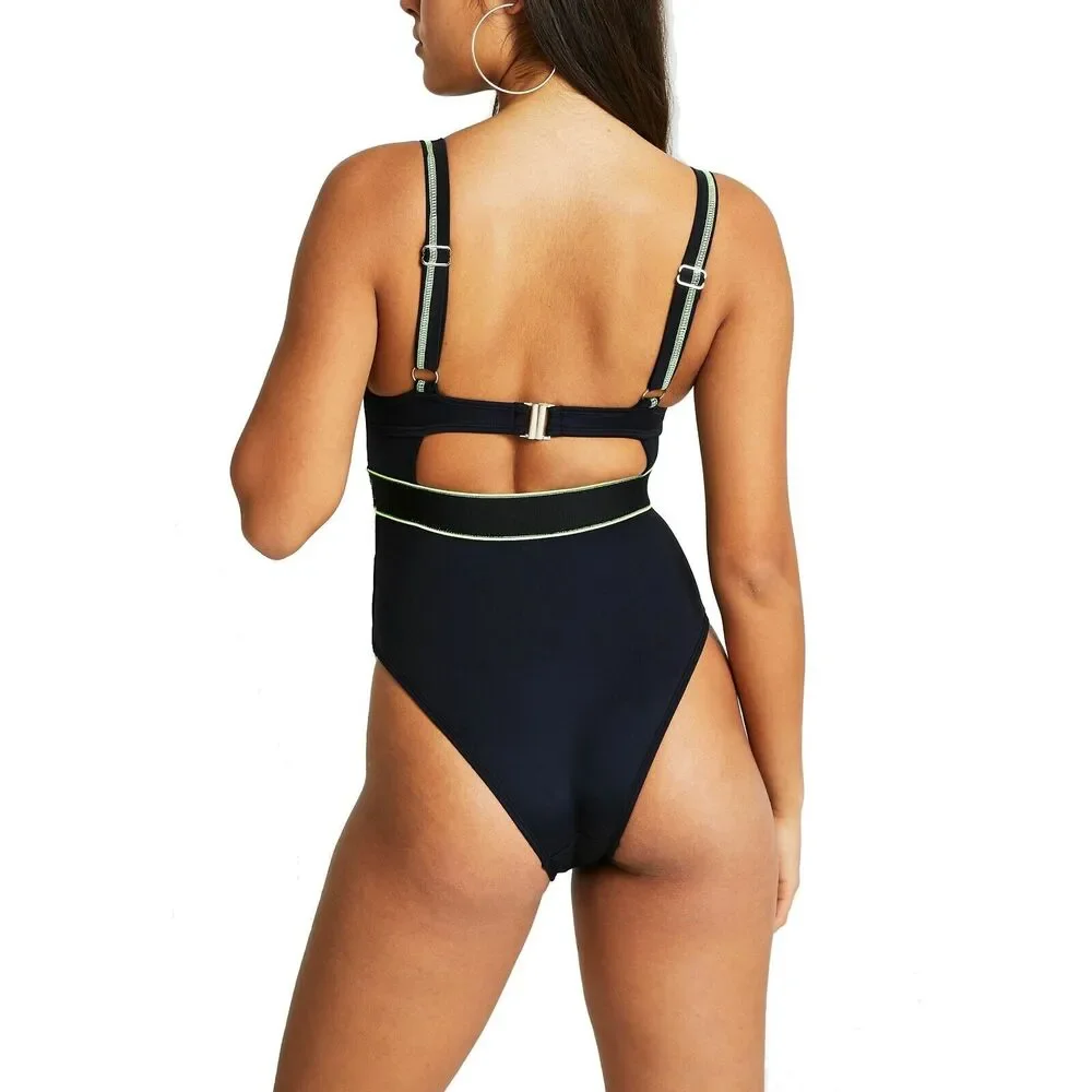 River Island Women Black/Lime Strappy High Waist Cutout One-Piece Swimsuit US 6